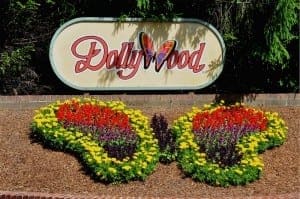 Photo of the Dollywood sign and butterfly flower arrangement.