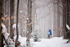 Someone hiking in the forest on a beautiful winter day.