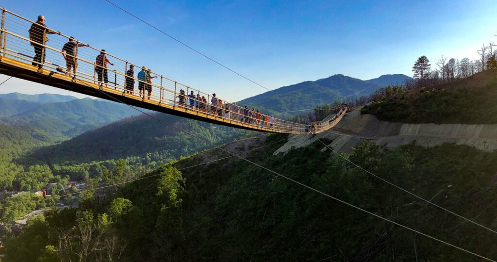 people are crossing Gatlinburg SkyBridge