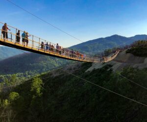 people are crossing Gatlinburg SkyBridge