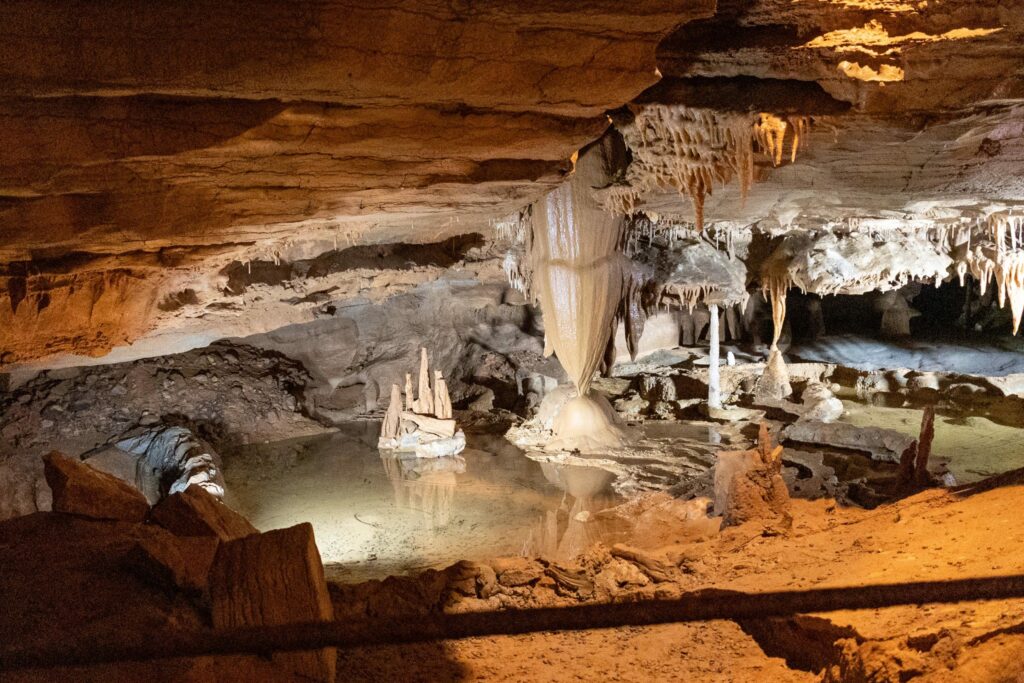 Stalagmites and stalactites at Forbidden Caverns