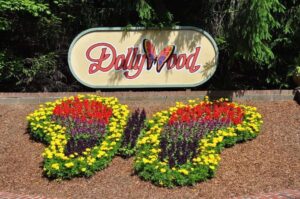 The colorful butterfly flower arrangement at the entrance to Dollywood.
