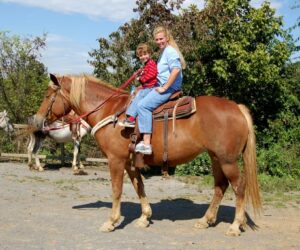 A woman and a child are riding the horse at Smoky Mountain Deer Farm