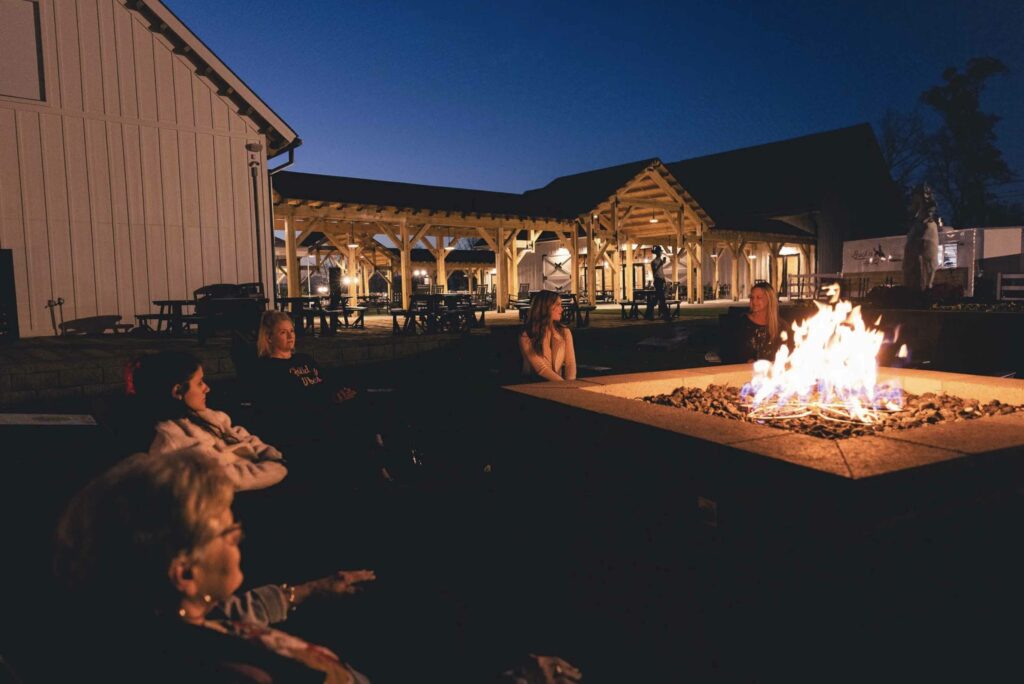 SkyLand Ranch view at night with the bonfire